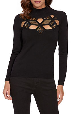 Cutout Shoulder Pink Mock Neck Faux Mohair Sweater