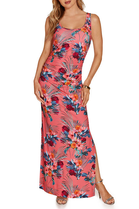 Ruched Tropical Print Maxi Dress 